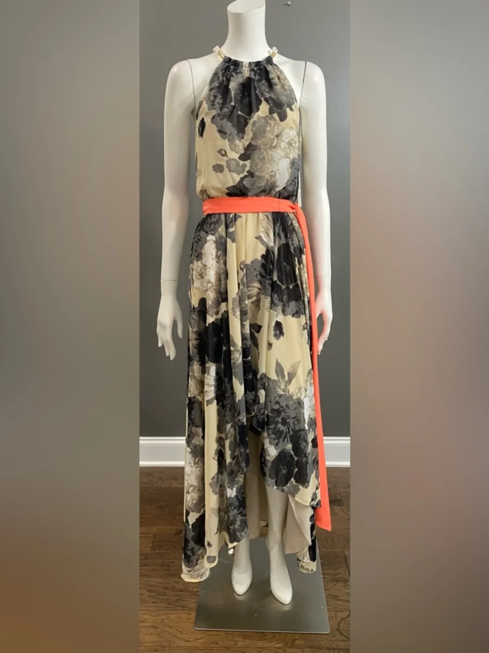 NWT Eliza J Floral Halter Maxi Dress with Belted Coral Sash Size 8 - Picture 3 of 13